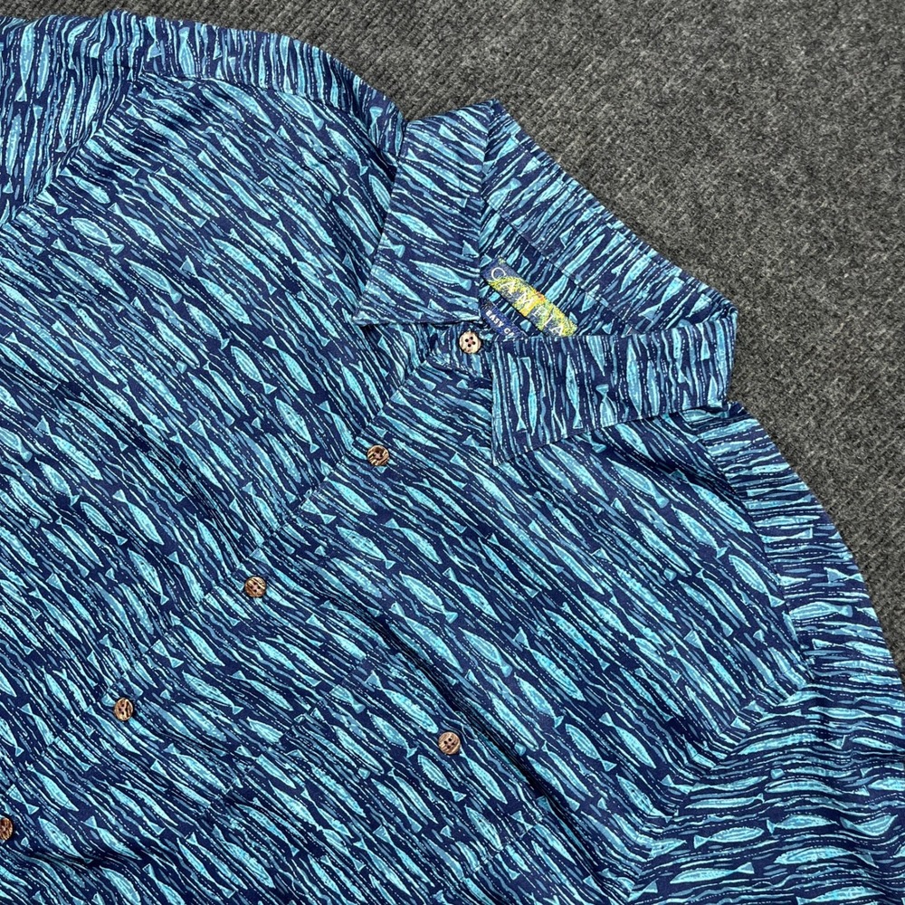 Campia Mens Rayon Fish Print Button Down Shirt Blue Large Tropical Coastal Y2K